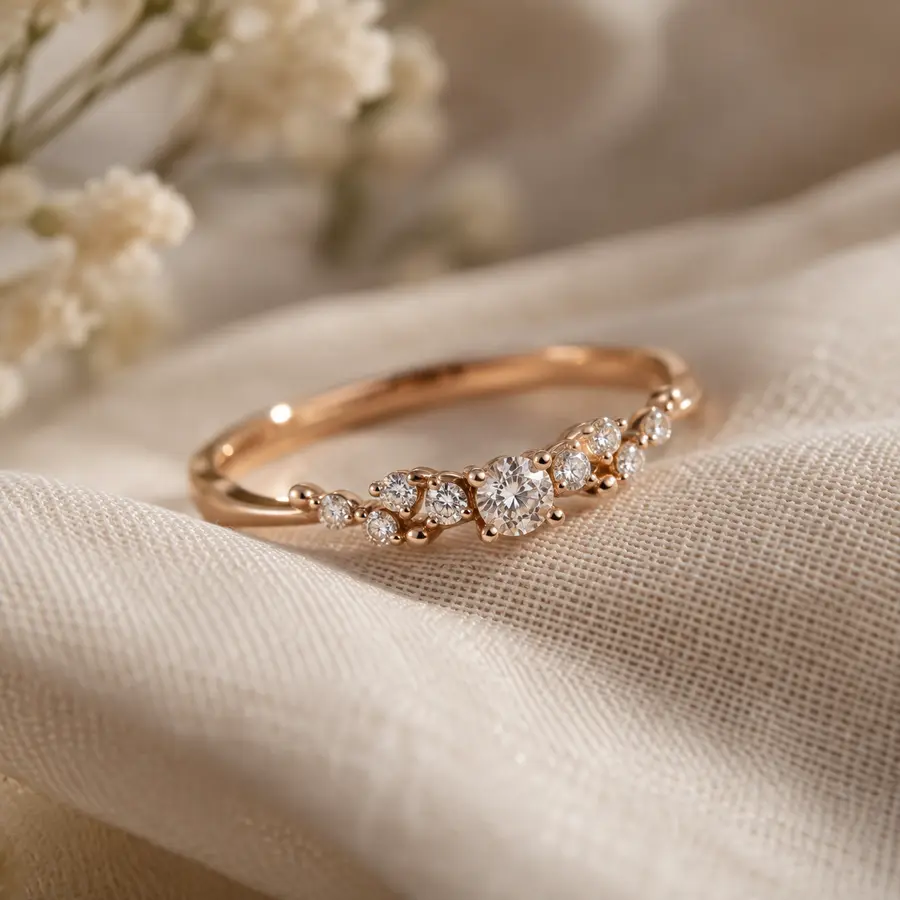 Anillo de oro con diamantes sobre tela clara