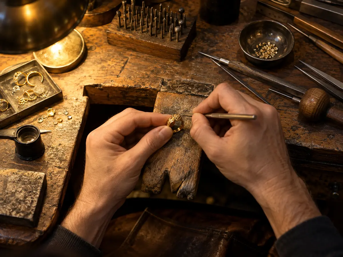 Manos de un orfebre trabajando una pieza sobre la mesa del taller